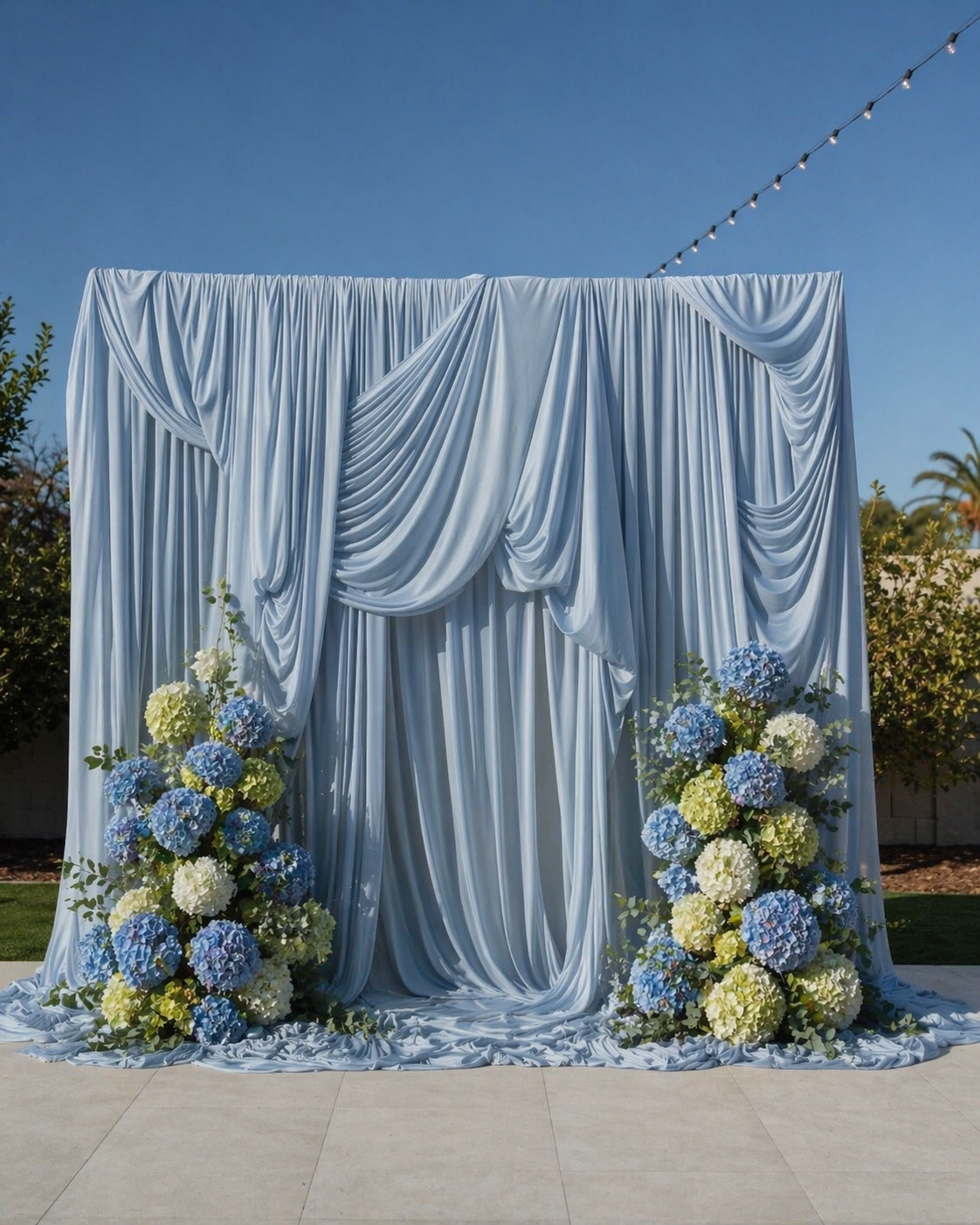 Dusty blue draping backdrop with hydrangeas — E&C Event Rentals, Salem OR